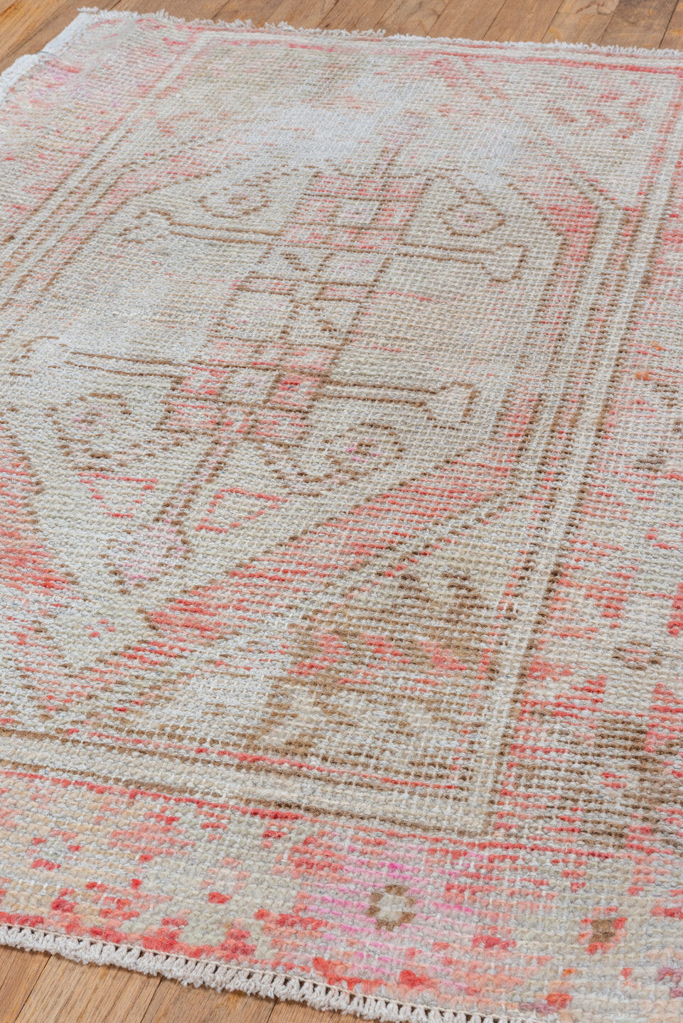 2' x 3' one-of-a-kind handmade vintage Oushak small size rug. Color palette: ivory, blush, taupe, sand, pale coral, pink
