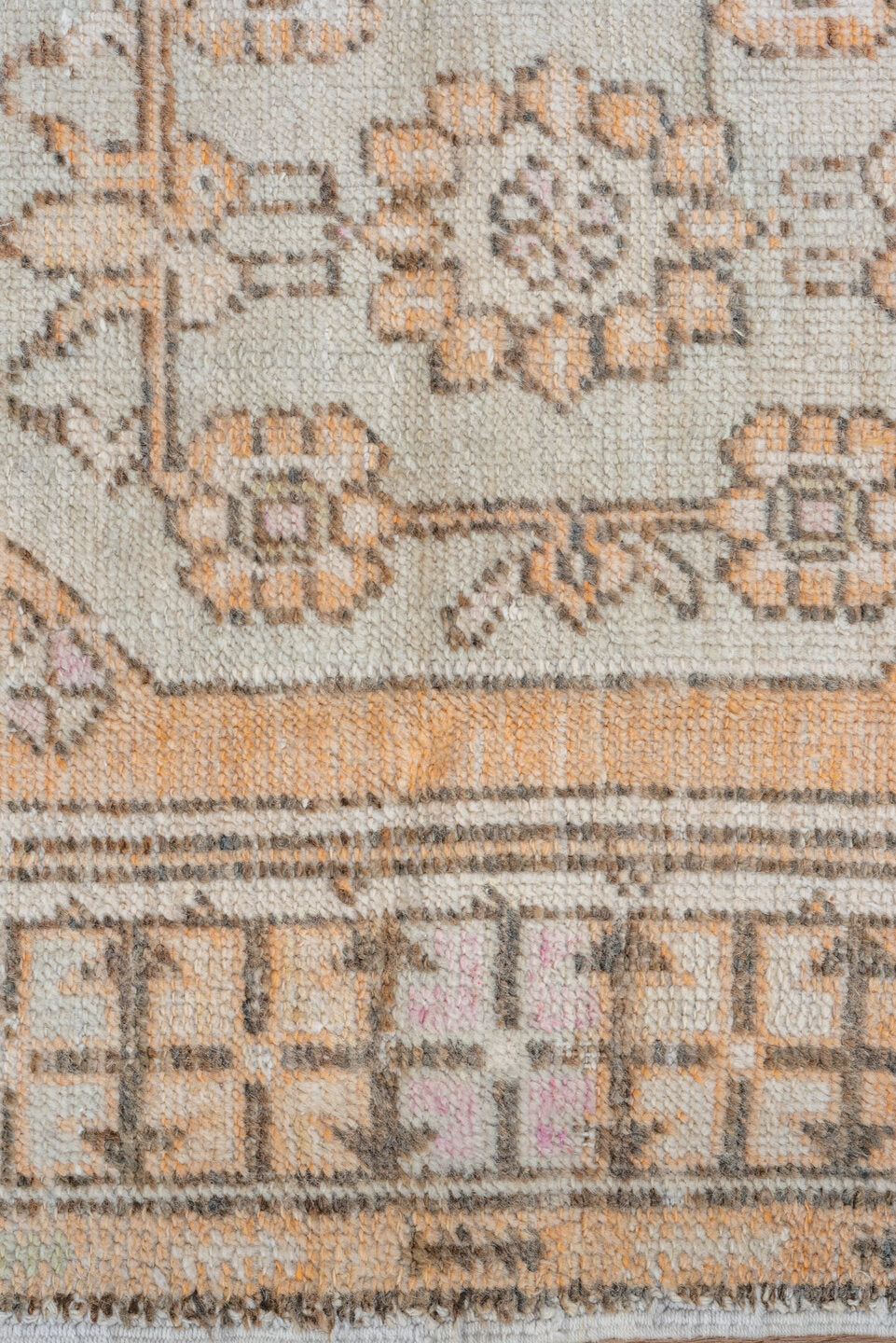 2' x 4' one-of-a-kind handmade vintage Oushak small size rug. Color palette: brown, gray, light gray, off-white, orange