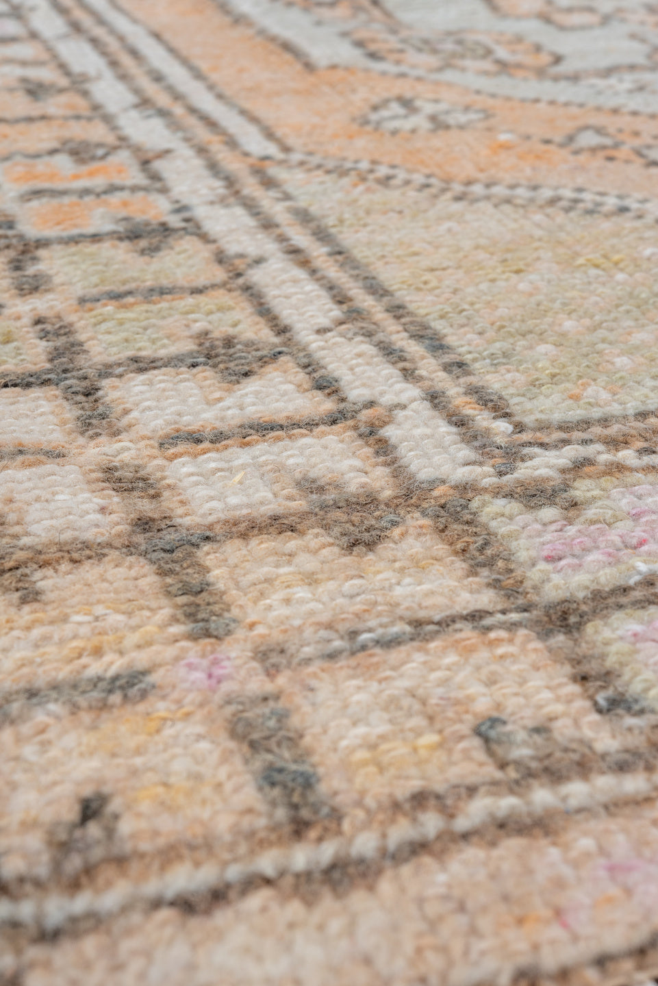 2' x 4' one-of-a-kind handmade vintage Oushak small size rug. Color palette: brown, gray, light gray, off-white, orange