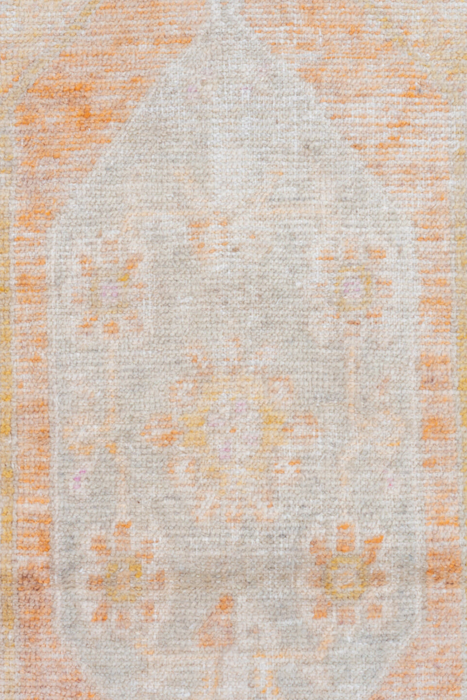 2' x 4' one-of-a-kind handmade vintage Oushak small size rug. Color palette: ivory, peach, cream, blush, pale gold