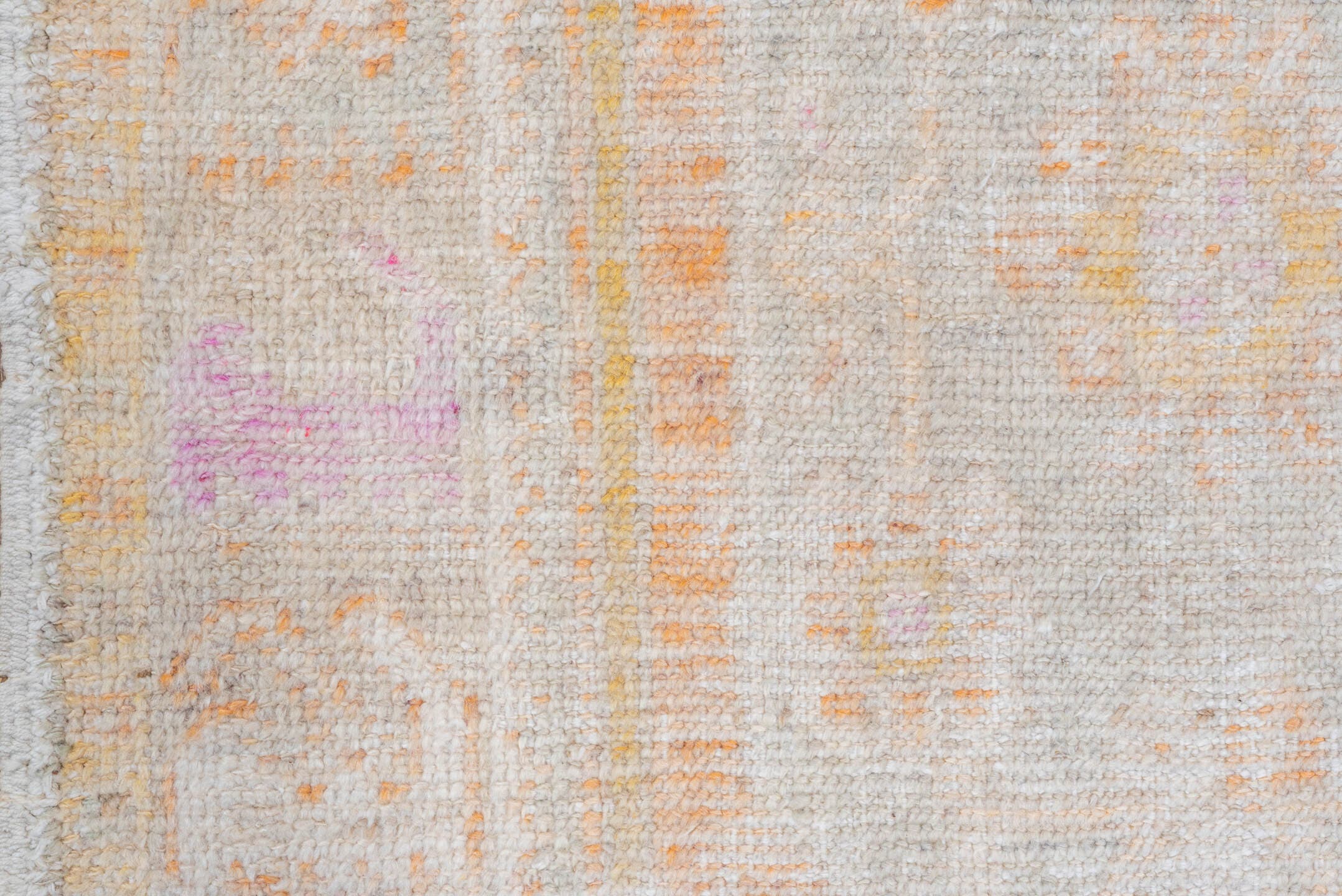 2' x 4' one-of-a-kind handmade vintage Oushak small size rug. Color palette: ivory, peach, cream, blush, pale gold