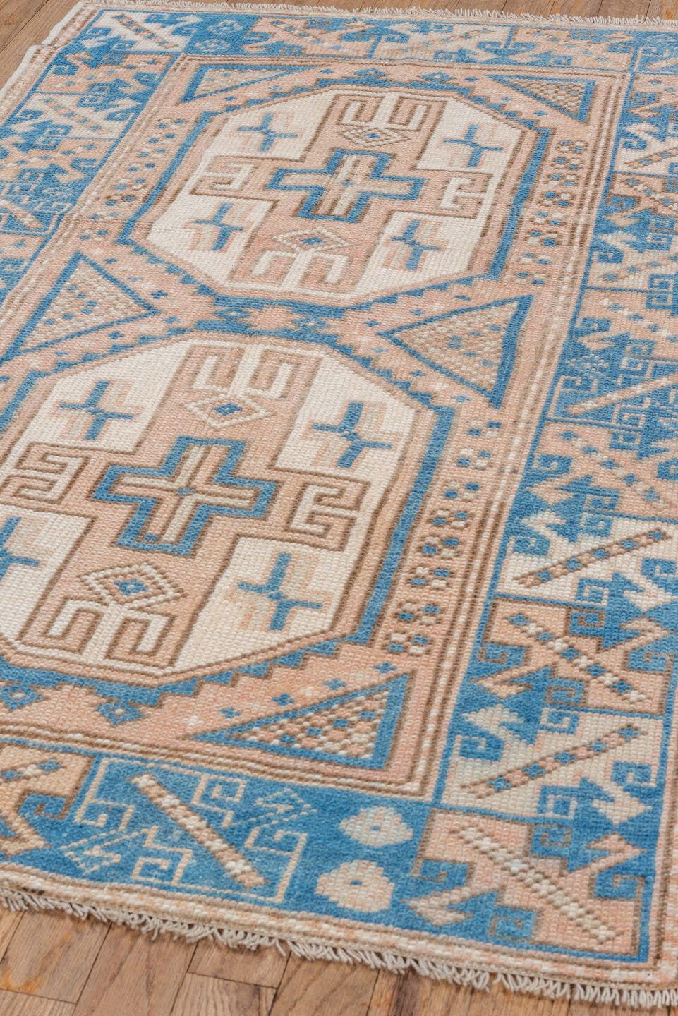 3' x 4' one-of-a-kind handmade vintage Oushak small size rug. Color palette: ivory, sky_blue, peach, beige, camel