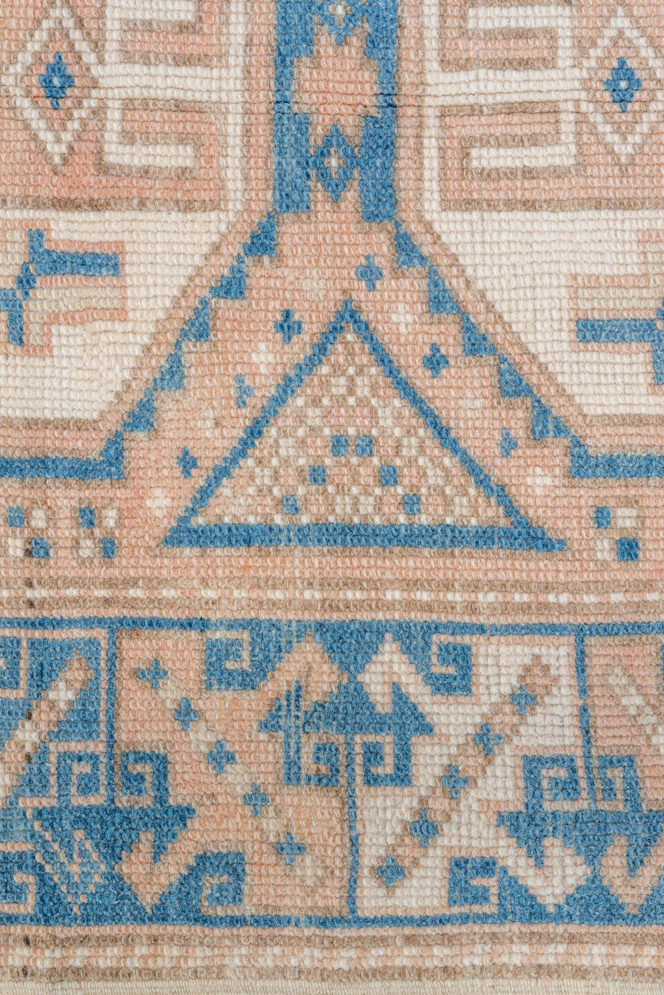 3' x 4' one-of-a-kind handmade vintage Oushak small size rug. Color palette: ivory, sky_blue, peach, beige, camel