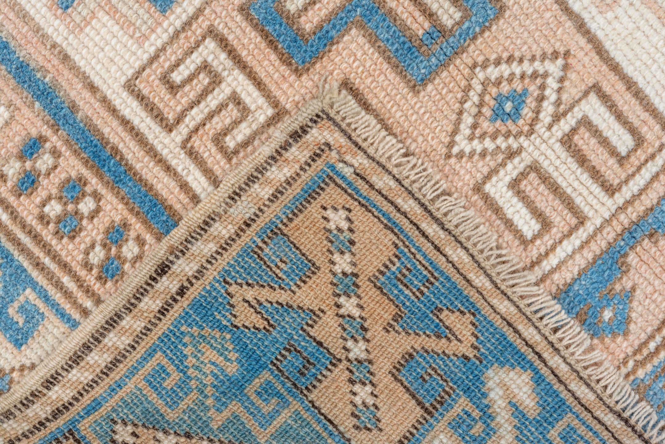 3' x 4' one-of-a-kind handmade vintage Oushak small size rug. Color palette: ivory, sky_blue, peach, beige, camel