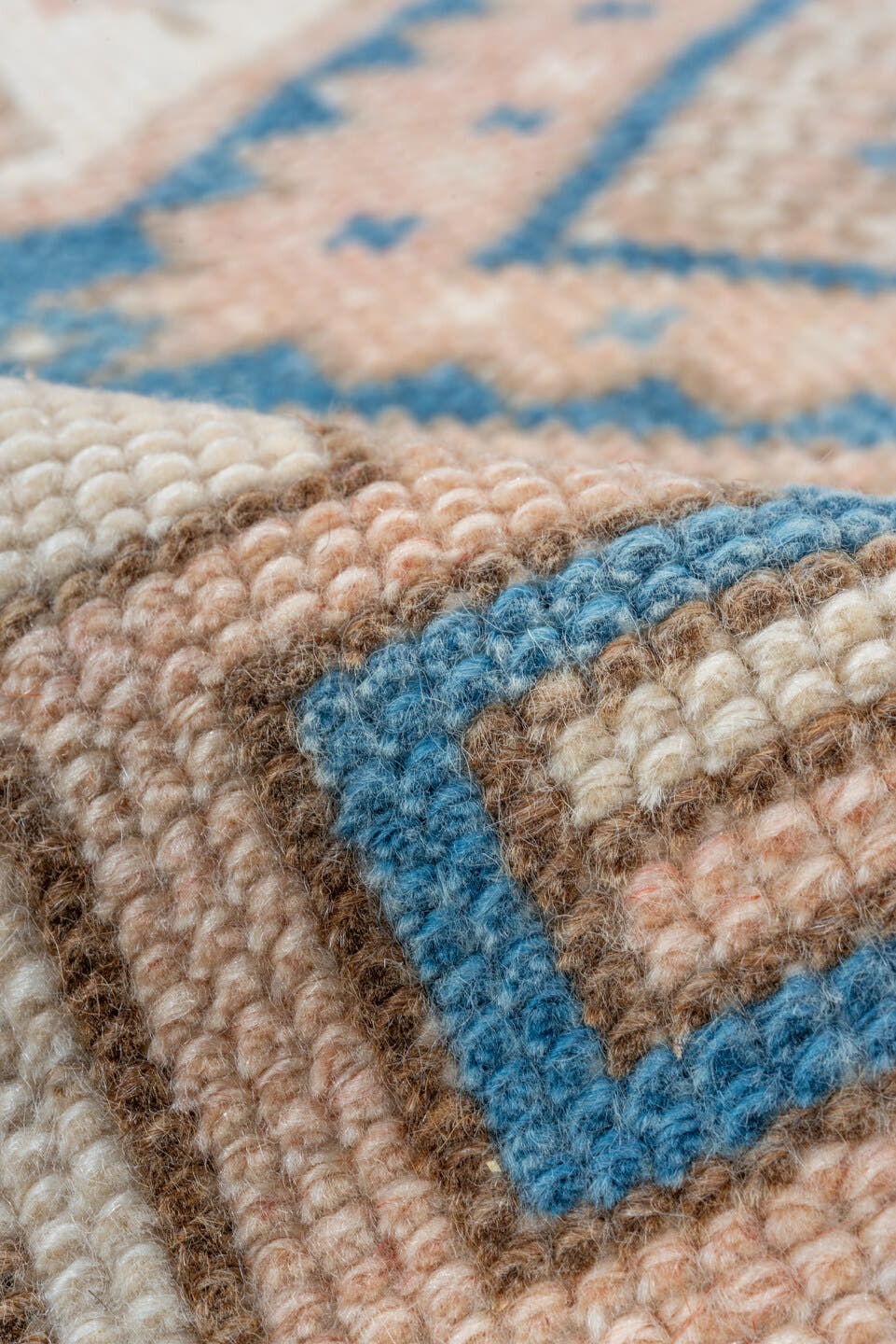 3' x 4' one-of-a-kind handmade vintage Oushak small size rug. Color palette: ivory, sky_blue, peach, beige, camel