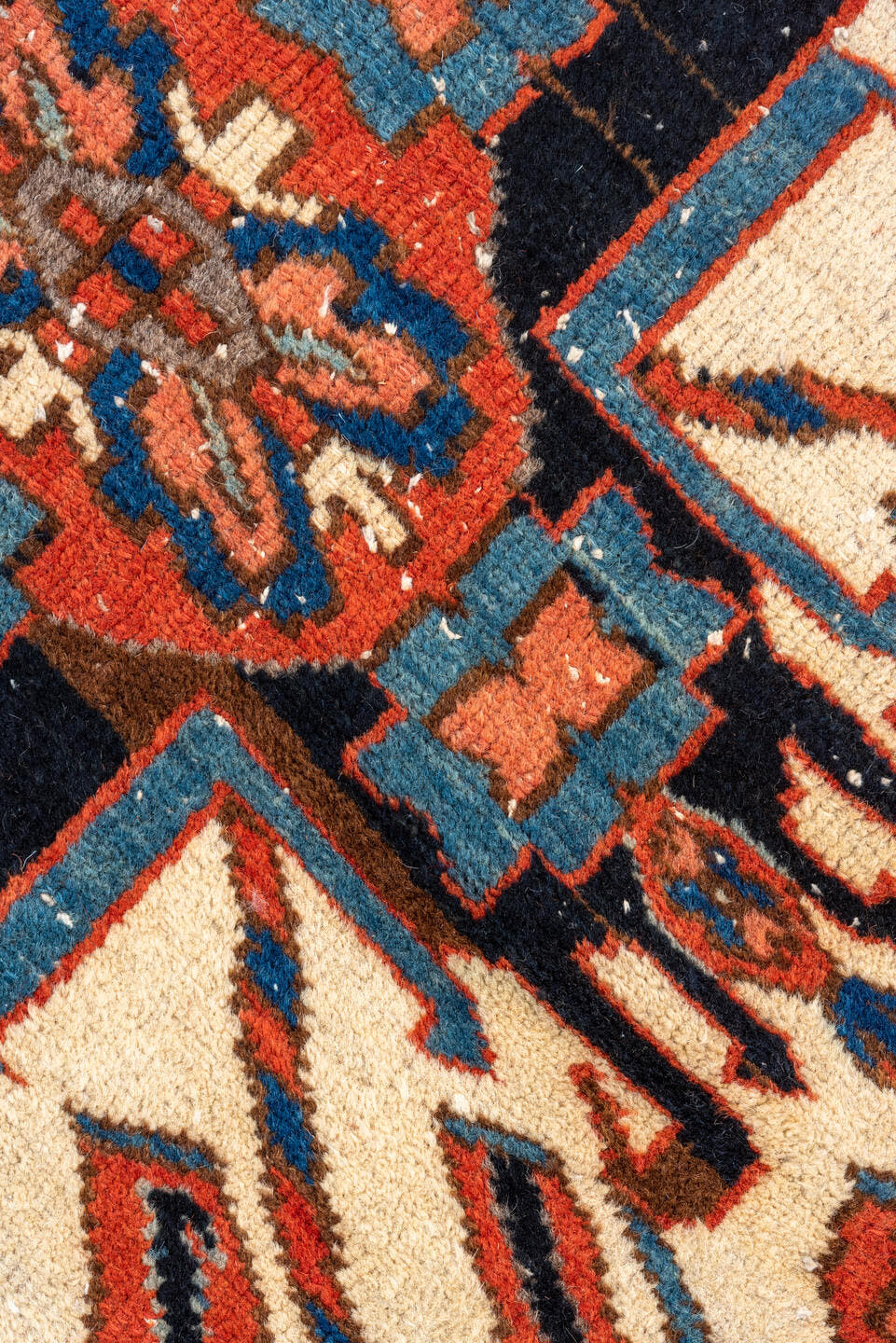 4' x 7' one-of-a-kind handmade vintage Heriz rug. Color palette: rust, ivory, navy, sky_blue, terracotta, charcoal, brown