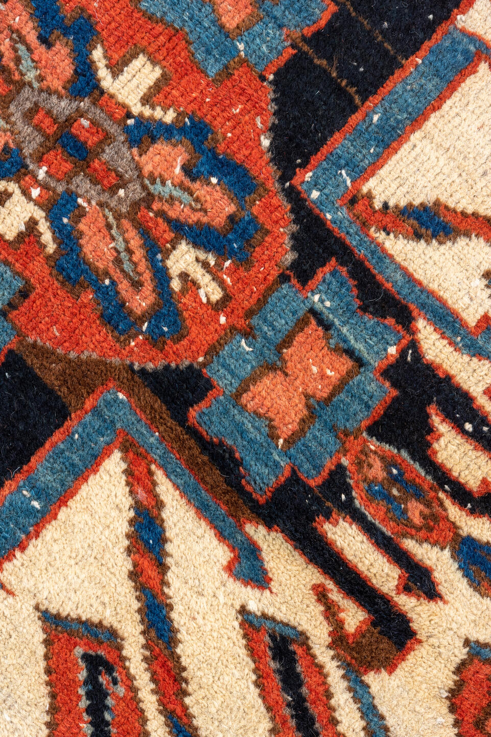 4' x 7' one-of-a-kind handmade vintage Heriz rug. Color palette: rust, ivory, navy, sky_blue, terracotta, charcoal, brown