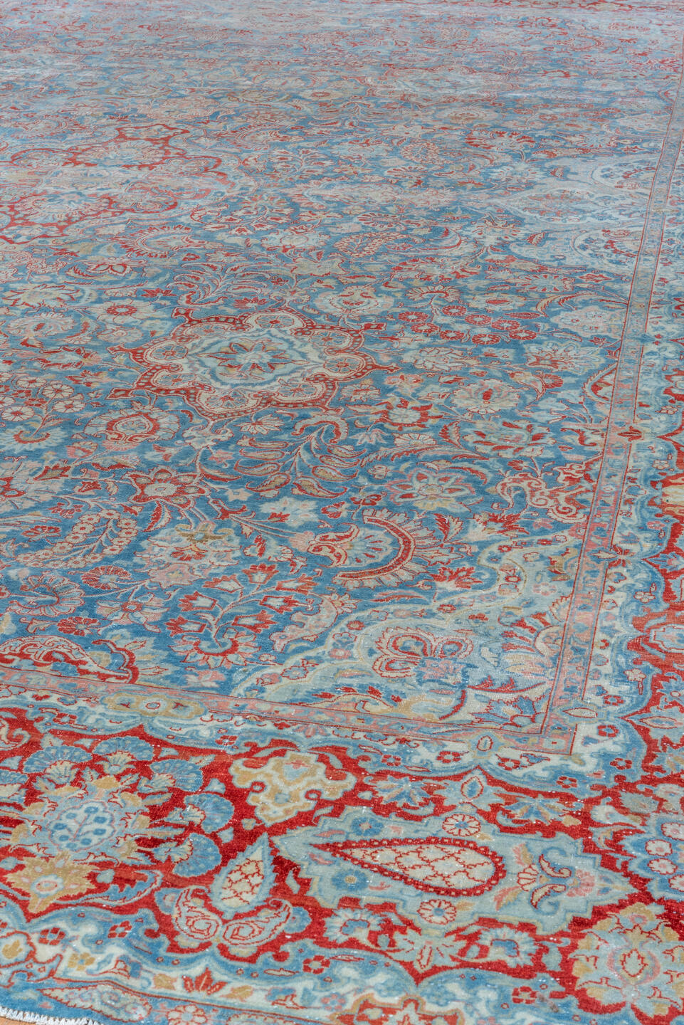 11' x 16' one-of-a-kind handmade vintage Kashan oversize rug. Color palette: blue, brown, gray, light blue, light gray