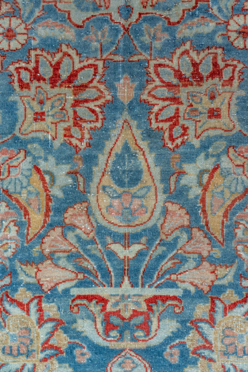 11' x 16' one-of-a-kind handmade vintage Kashan oversize rug. Color palette: blue, brown, gray, light blue, light gray