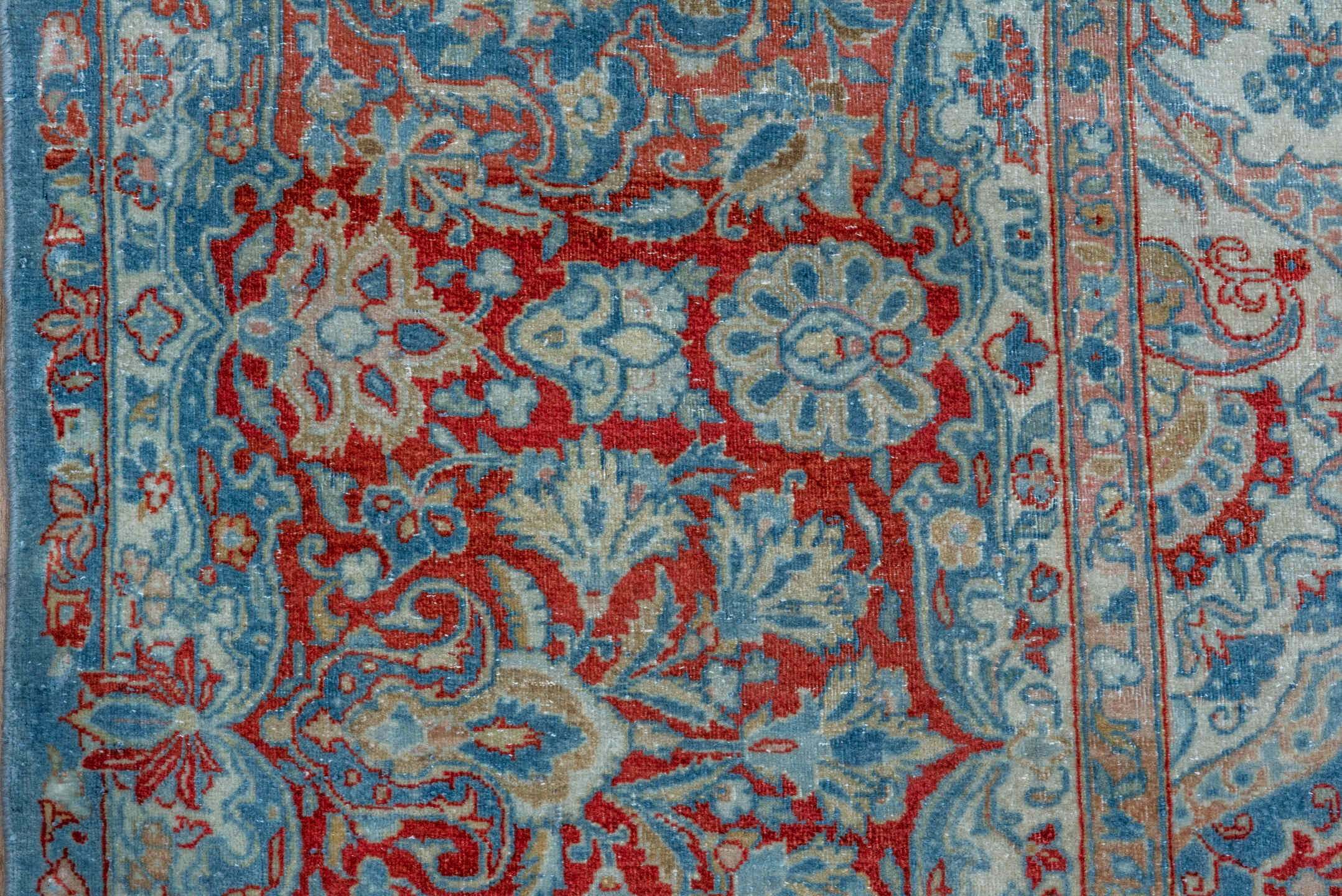11' x 16' one-of-a-kind handmade vintage Kashan oversize rug. Color palette: blue, brown, gray, light blue, light gray