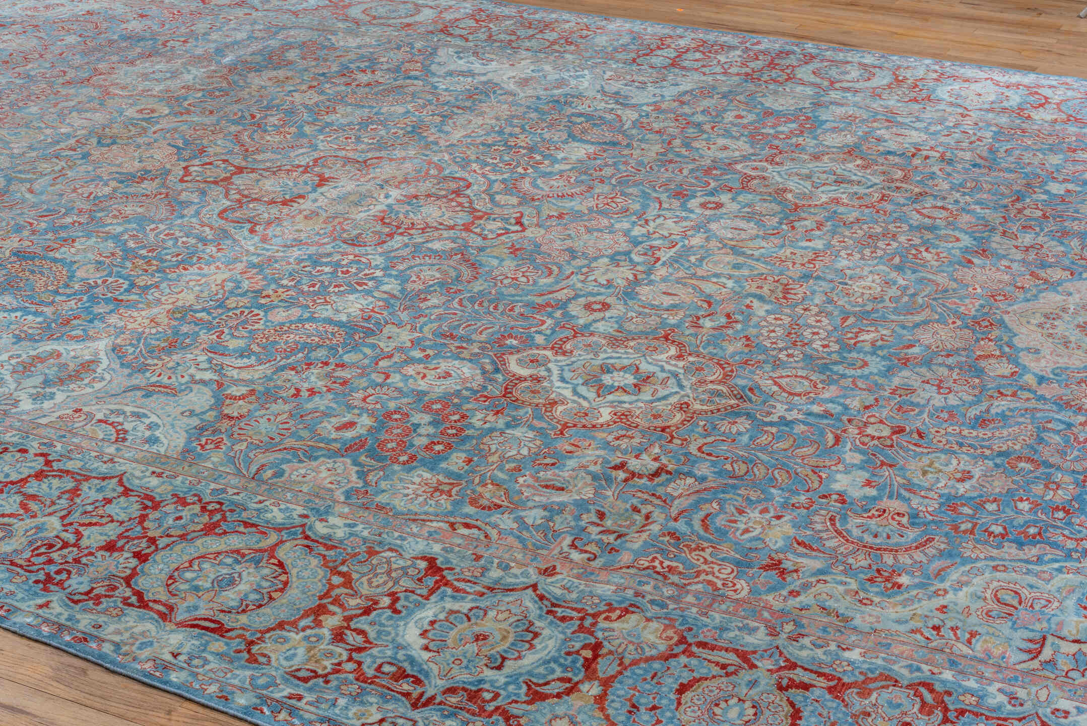 11' x 16' one-of-a-kind handmade vintage Kashan oversize rug. Color palette: blue, brown, gray, light blue, light gray