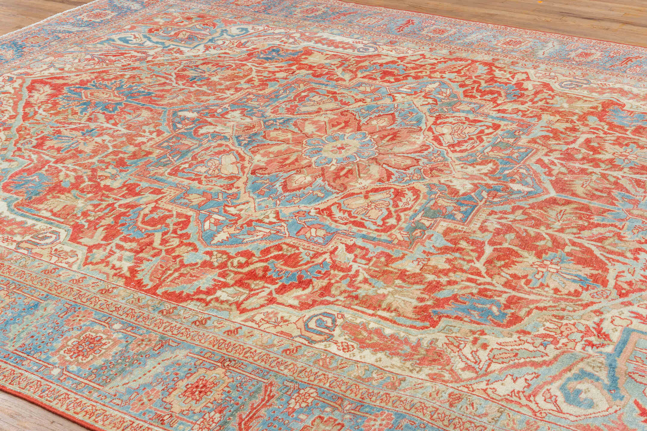 10' x 13' one-of-a-kind handmade vintage Heriz large size rug. Color palette: ivory, sky blue, coral, red, powder blue