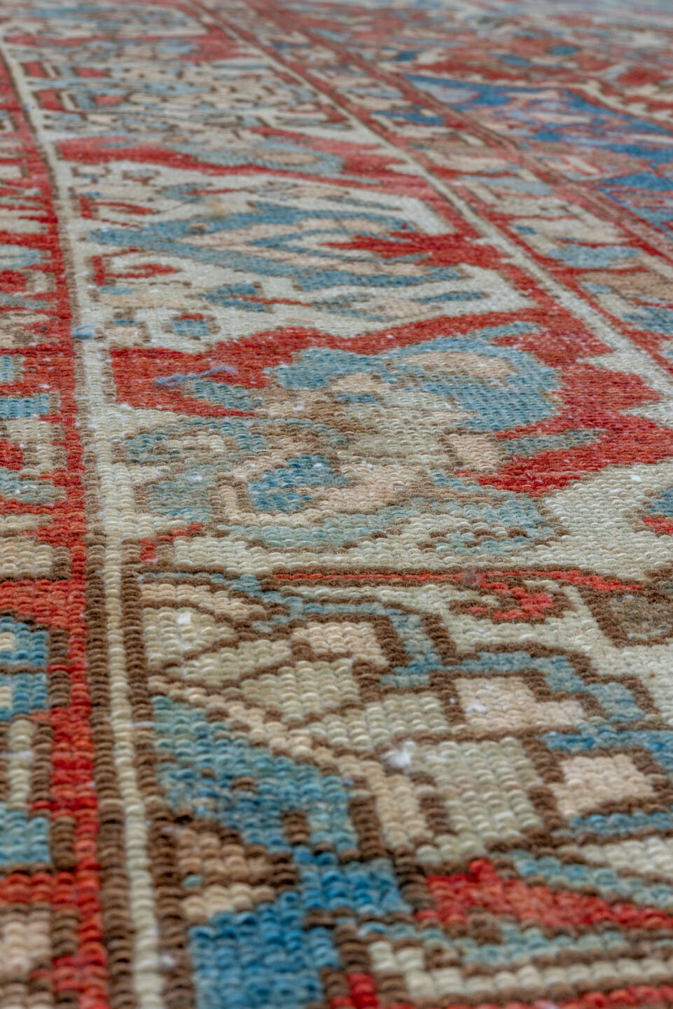 8' x 11' one-of-a-kind handmade vintage Baktiary large size rug. Color palette: rust, ivory, sky blue, taupe, brick, camel