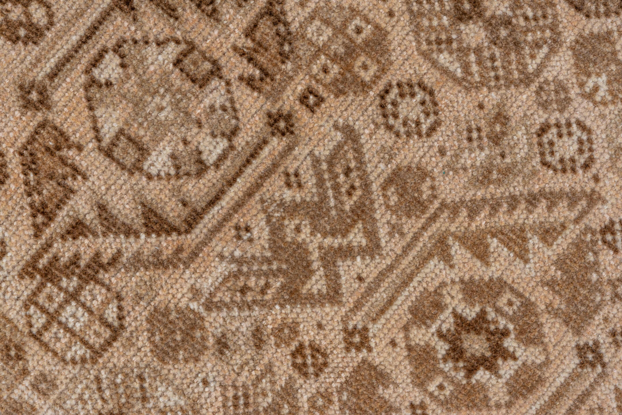 7' x 9' one-of-a-kind handmade vintage Shiraz rug. Color palette: camel, ivory, taupe, brown, sand, beige, gray