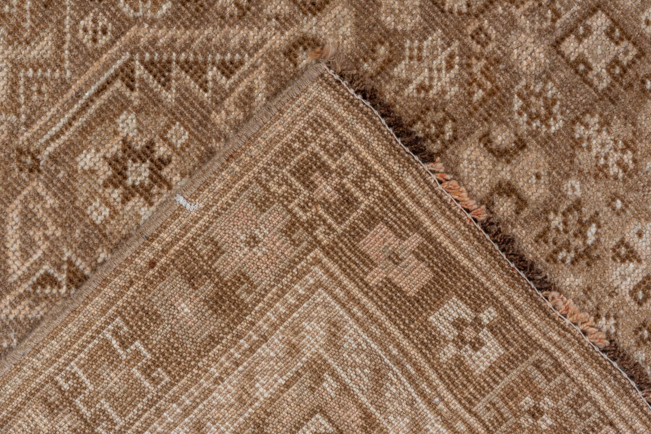 7' x 9' one-of-a-kind handmade vintage Shiraz rug. Color palette: camel, ivory, taupe, brown, sand, beige, gray
