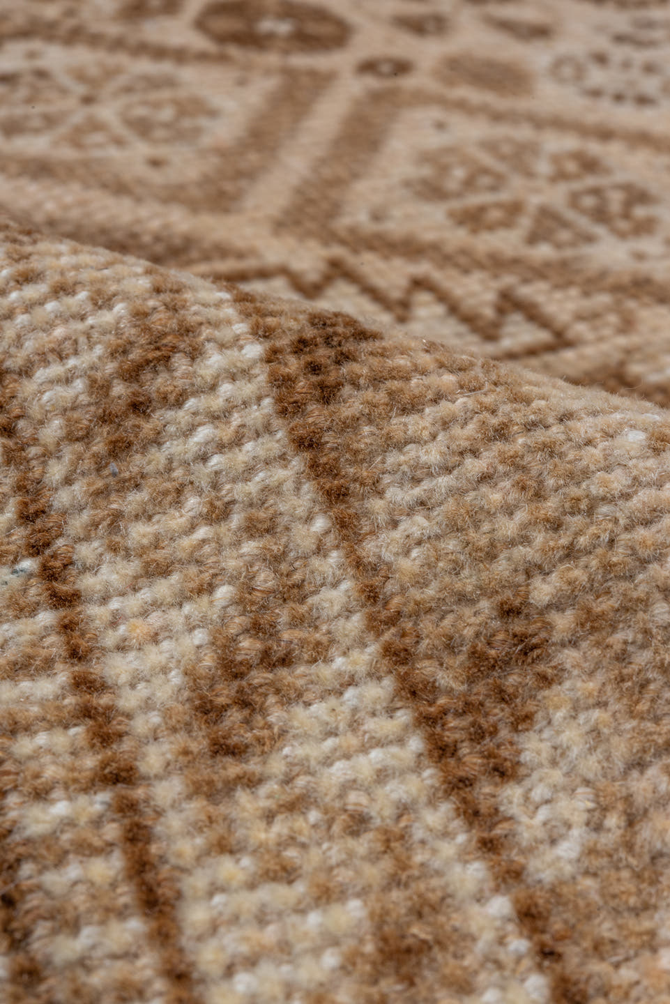 7' x 9' one-of-a-kind handmade vintage Shiraz rug. Color palette: camel, ivory, taupe, brown, sand, beige, gray