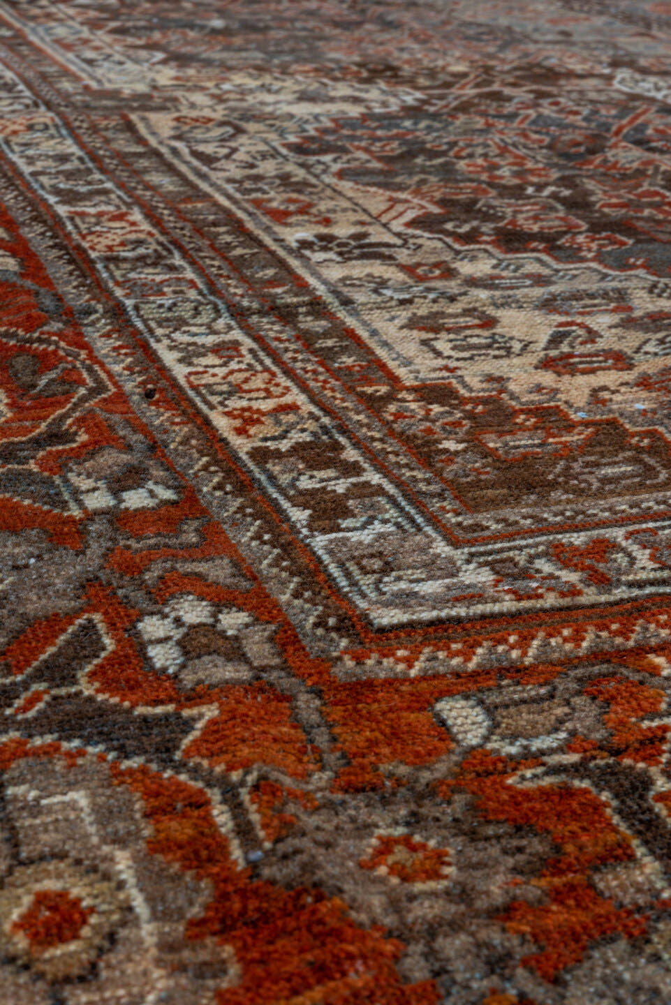 7' x 9' one-of-a-kind handmade vintage Shiraz rug. Color palette: rust, ivory, charcoal, slate, terracotta, brown, sky_blue