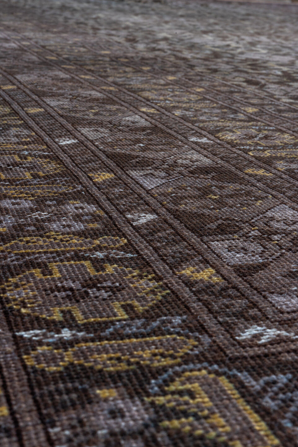 9' x 14' one-of-a-kind handmade vintage Afghan large size rug. Color palette: brown, taupe, ivory, charcoal, camel, beige
