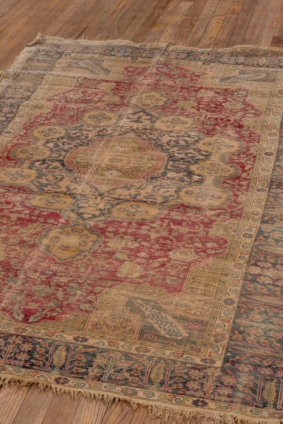 4' x 5' one-of-a-kind handmade vintage Melas small size rug. Color palette: rose, ivory, blue, beige, charcoal, taupe