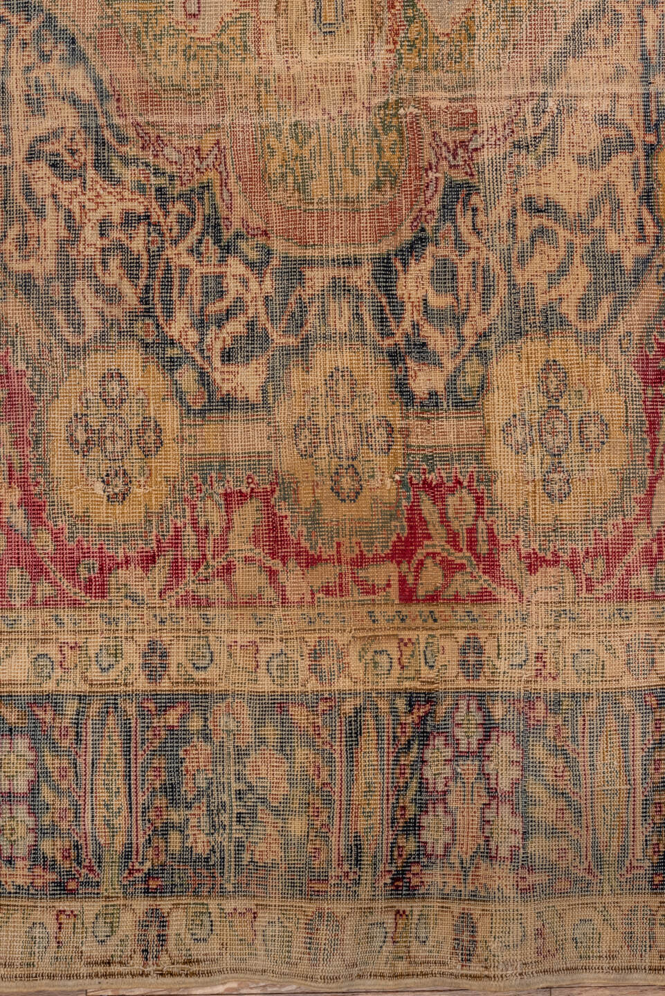 4' x 5' one-of-a-kind handmade vintage Melas small size rug. Color palette: rose, ivory, blue, beige, charcoal, taupe