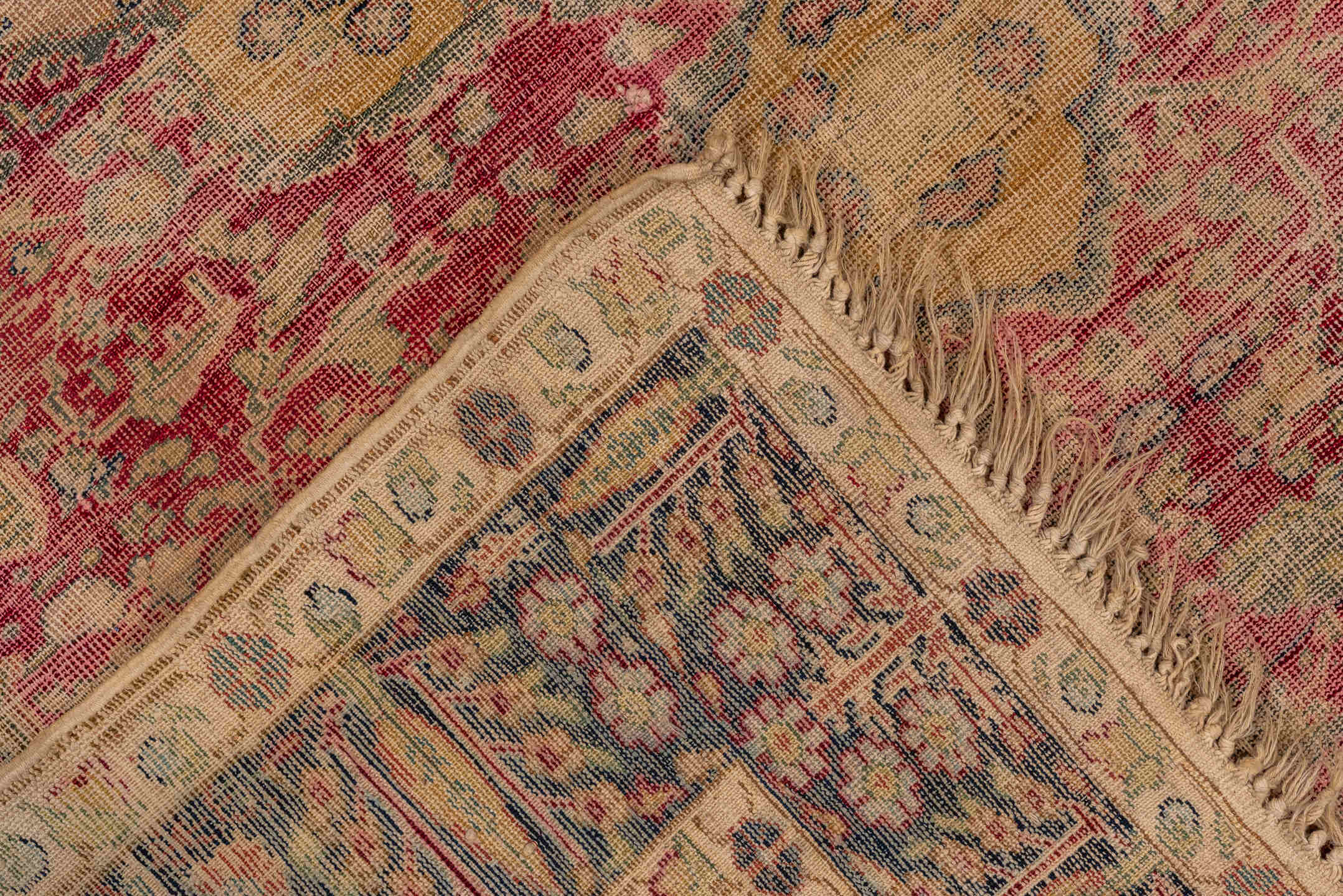 4' x 5' one-of-a-kind handmade vintage Melas small size rug. Color palette: rose, ivory, blue, beige, charcoal, taupe