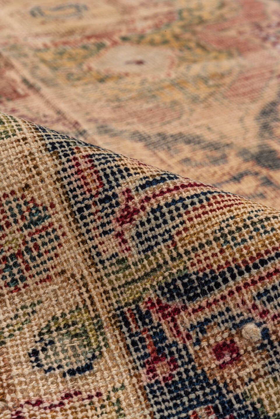 4' x 5' one-of-a-kind handmade vintage Melas small size rug. Color palette: rose, ivory, blue, beige, charcoal, taupe