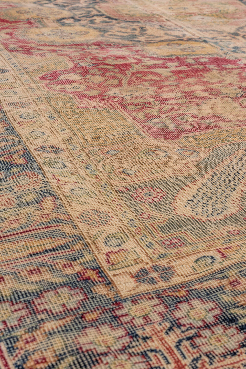 4' x 5' one-of-a-kind handmade vintage Melas small size rug. Color palette: rose, ivory, blue, beige, charcoal, taupe