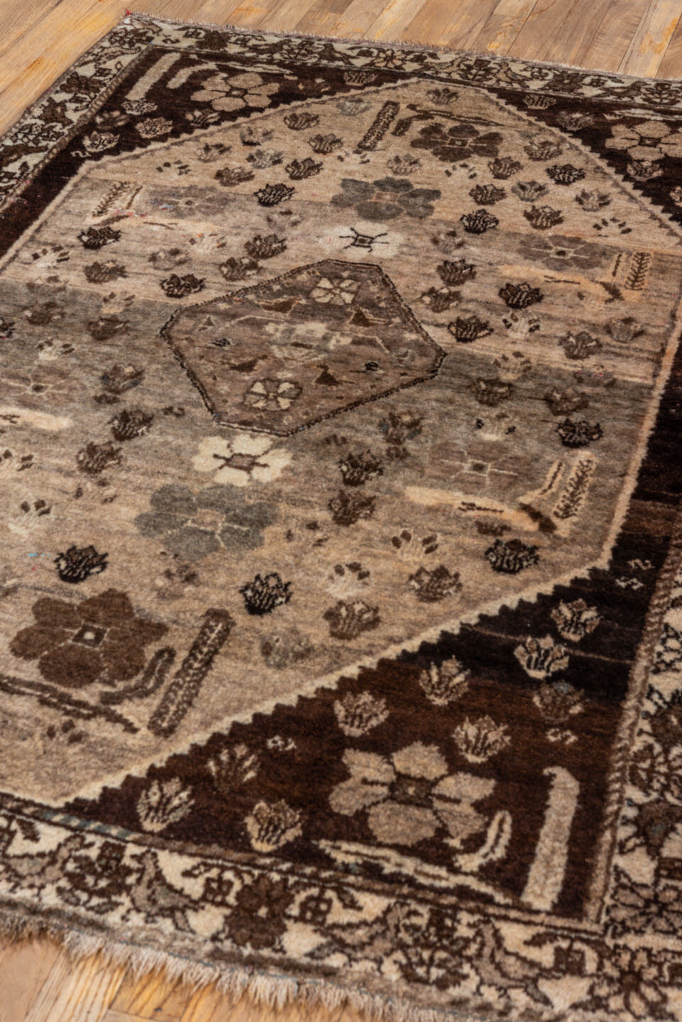 3' x 5' one-of-a-kind handmade vintage Gabbe small size rug. Color palette: ivory, taupe, brown, charcoal, camel, beige