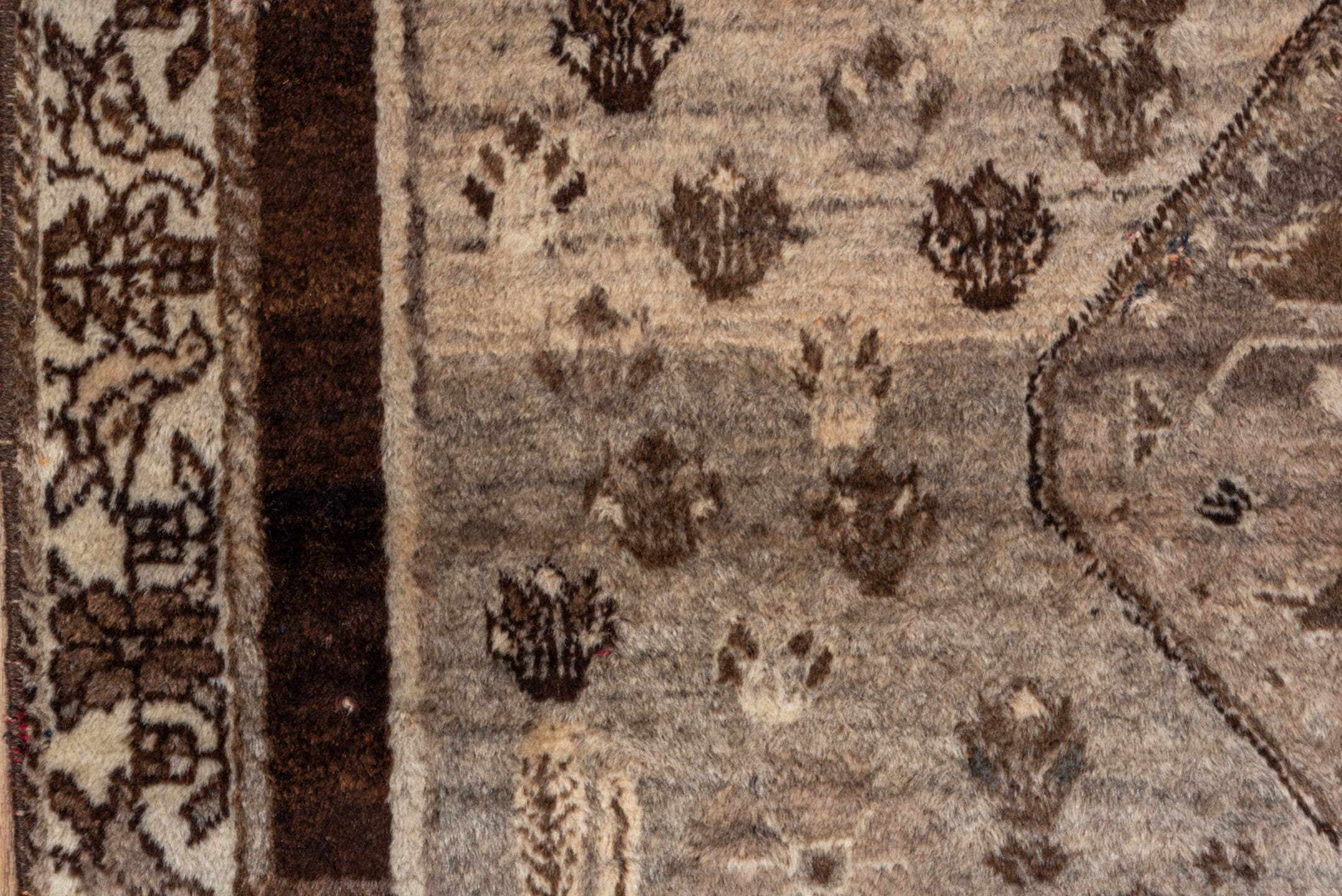 3' x 5' one-of-a-kind handmade vintage Gabbe small size rug. Color palette: ivory, taupe, brown, charcoal, camel, beige