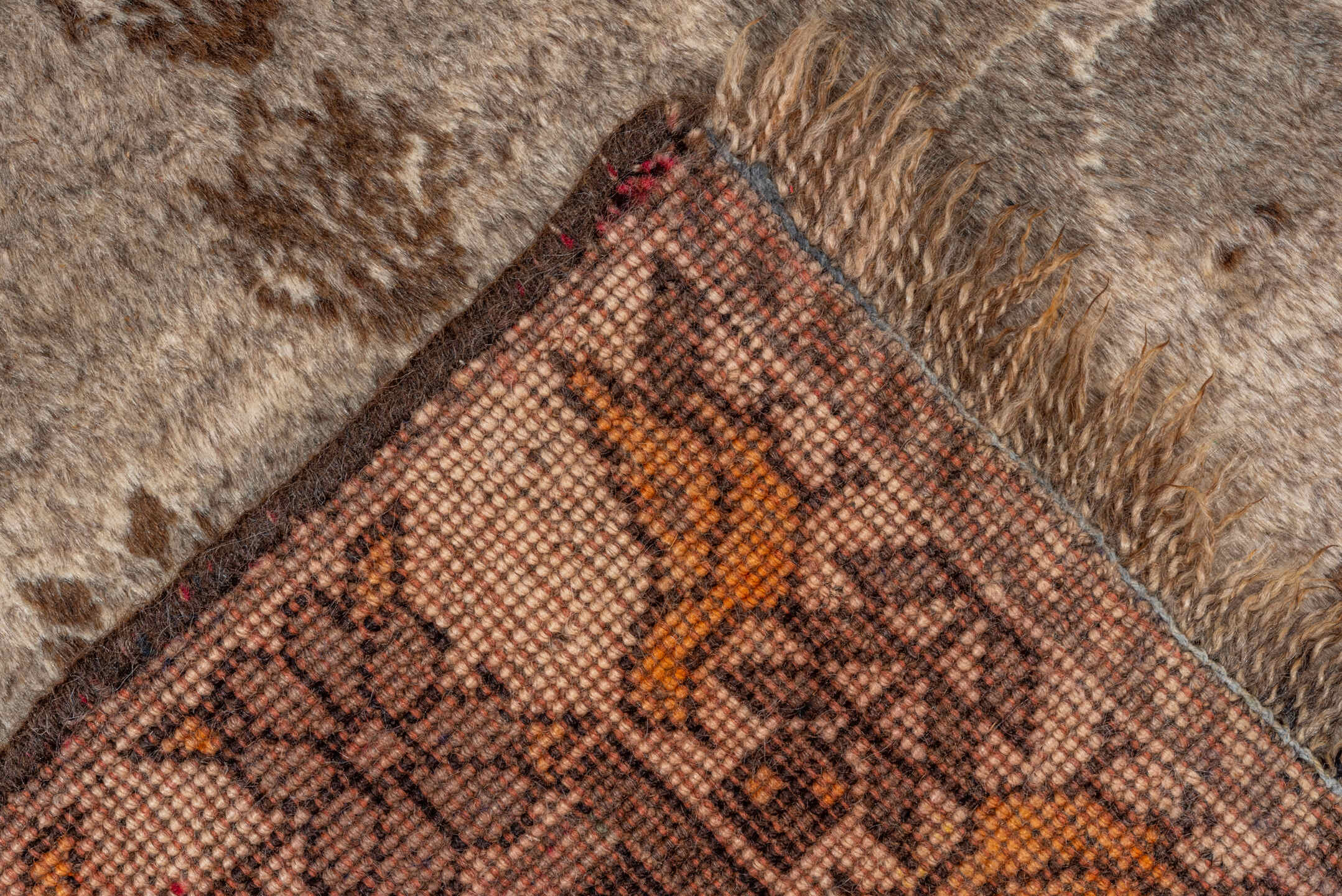 3' x 5' one-of-a-kind handmade vintage Gabbe small size rug. Color palette: ivory, taupe, brown, charcoal, camel, beige