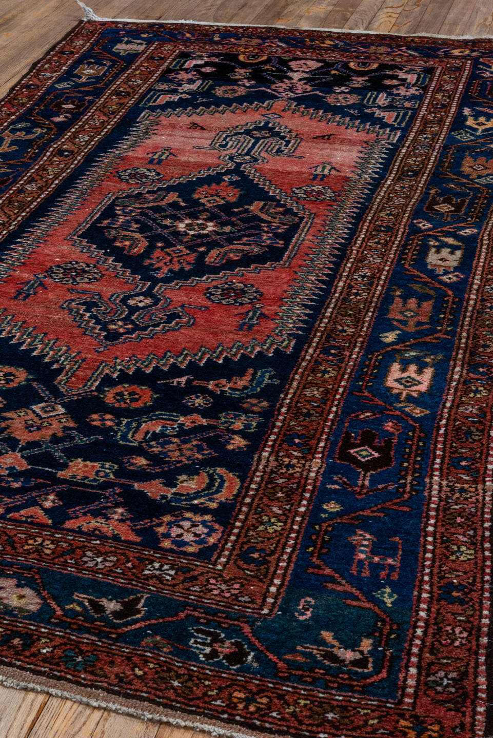 3' x 7' one-of-a-kind handmade vintage Malayer rug. Color palette: navy, rose, rust, ivory, coral, teal, charcoal, blue