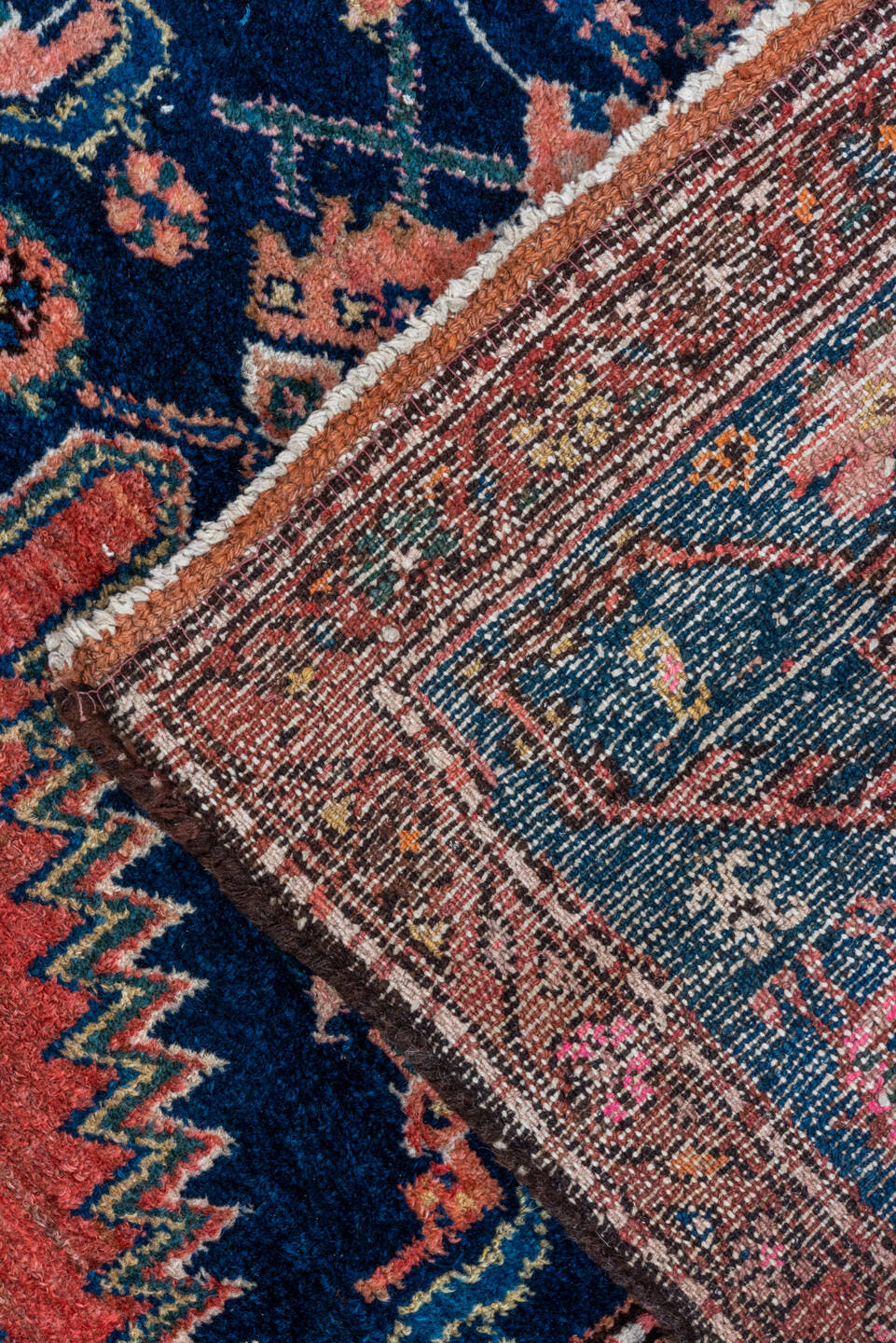 3' x 7' one-of-a-kind handmade vintage Malayer rug. Color palette: navy, rose, rust, ivory, coral, teal, charcoal, blue