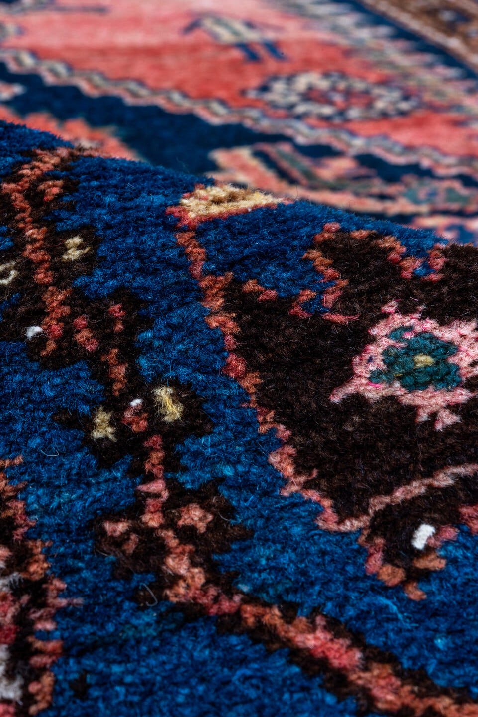 3' x 7' one-of-a-kind handmade vintage Malayer rug. Color palette: navy, rose, rust, ivory, coral, teal, charcoal, blue
