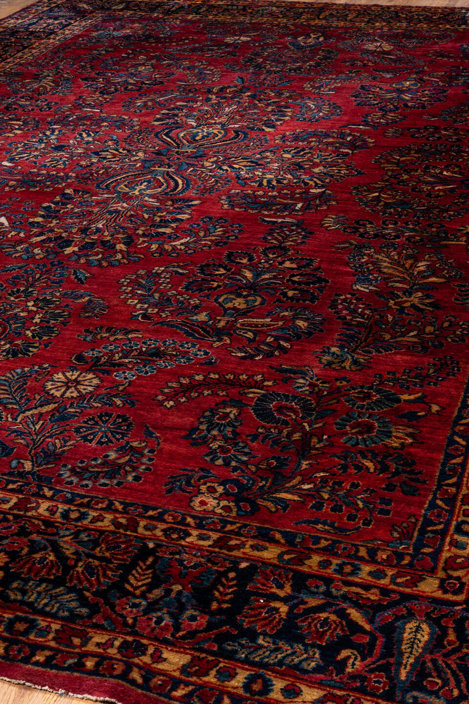 10' x 14' one-of-a-kind handmade vintage Sarouk large size rug. Color palette: red, navy, ivory, rust, gold, camel, slate