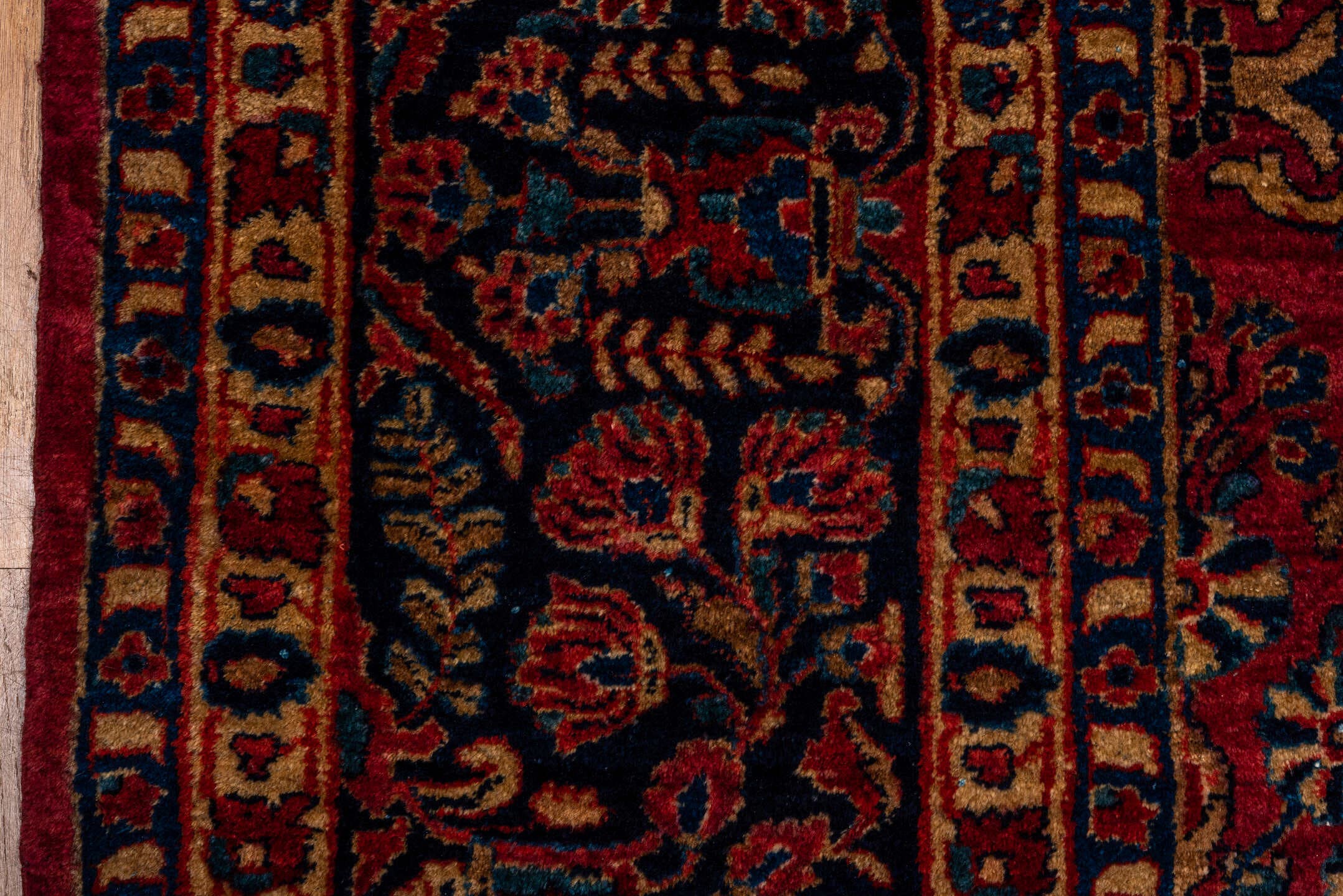 10' x 14' one-of-a-kind handmade vintage Sarouk large size rug. Color palette: red, navy, ivory, rust, gold, camel, slate