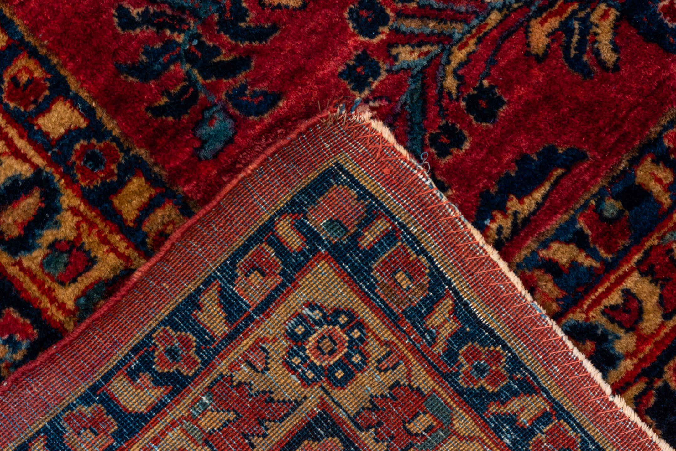 10' x 14' one-of-a-kind handmade vintage Sarouk large size rug. Color palette: red, navy, ivory, rust, gold, camel, slate
