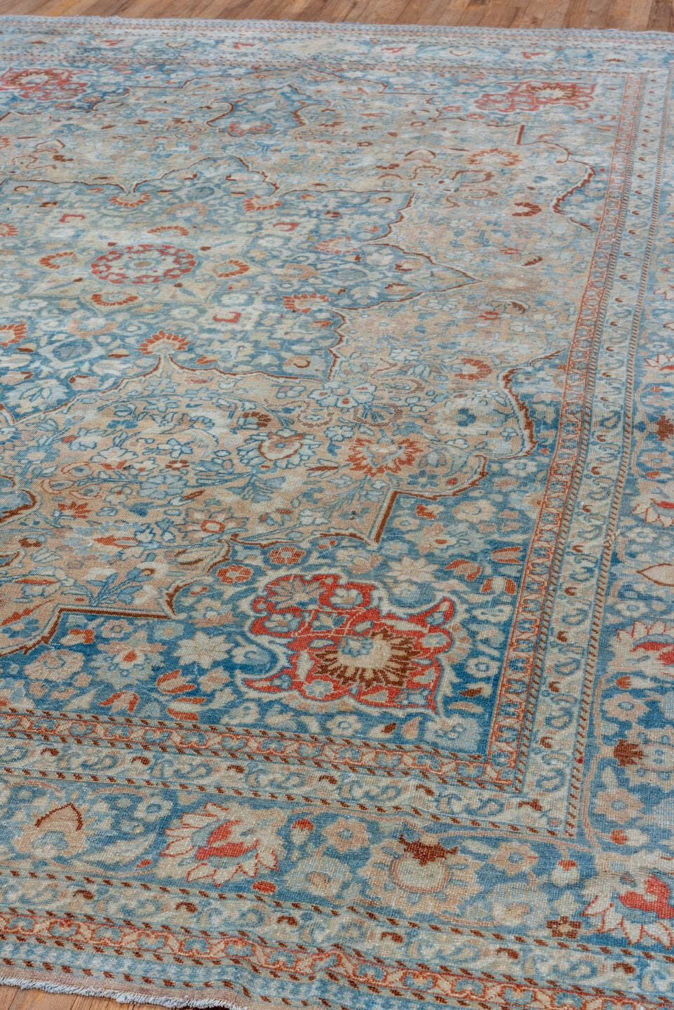 8' x 11' one-of-a-kind handmade vintage Tabriz large size rug. Color palette: sky blue, ivory, rust, camel, slate, cream