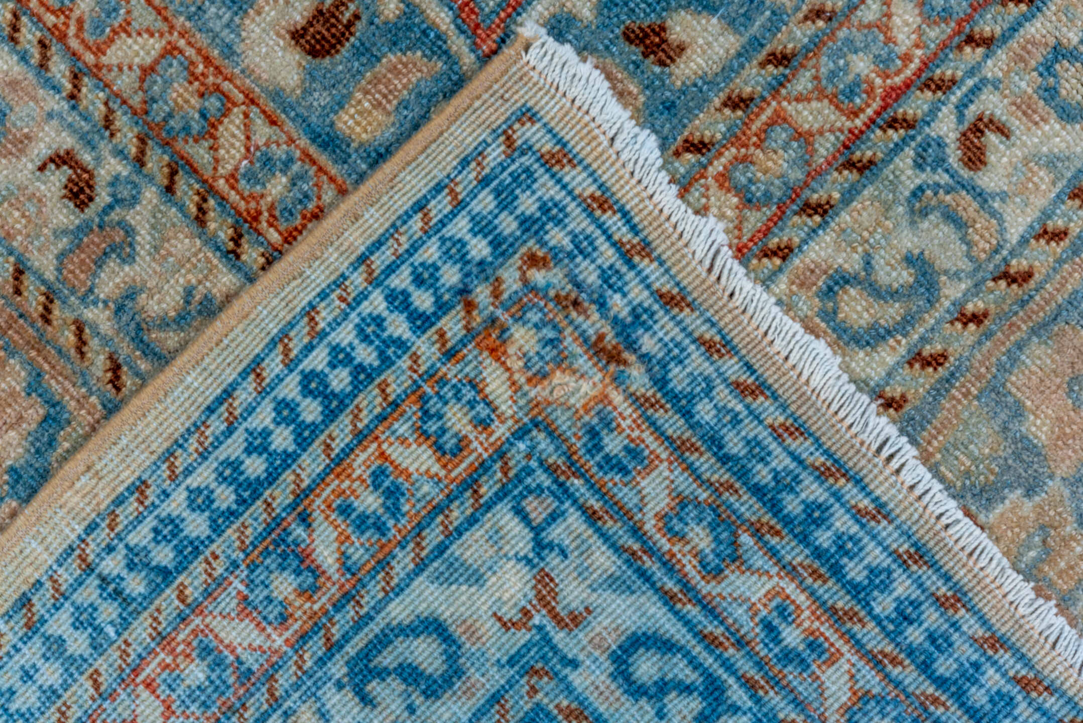 8' x 11' one-of-a-kind handmade vintage Tabriz large size rug. Color palette: sky blue, ivory, rust, camel, slate, cream