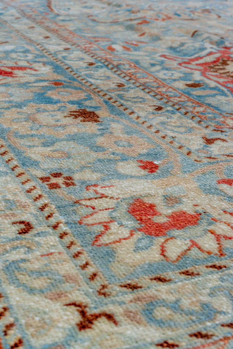 8' x 11' one-of-a-kind handmade vintage Tabriz large size rug. Color palette: sky blue, ivory, rust, camel, slate, cream