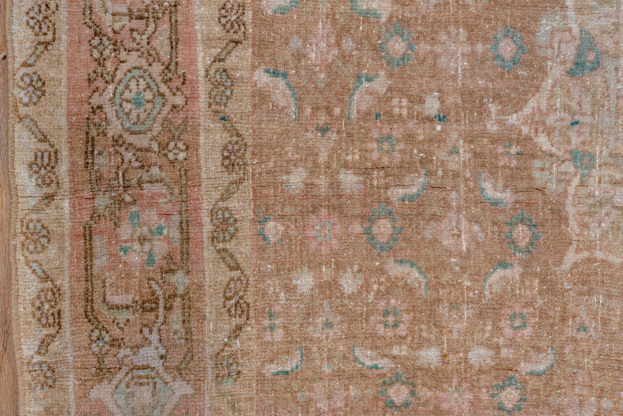 3' x 5' one-of-a-kind handmade vintage Bidjar small size rug. Color palette: camel, blush, taupe, ivory, pale aqua, beige