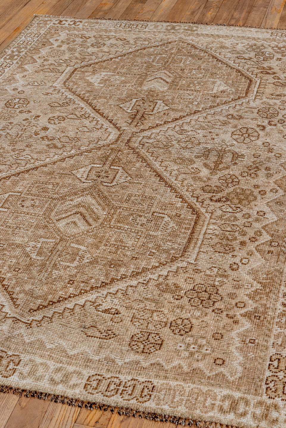 3' x 5' one-of-a-kind handmade vintage Shiraz small size rug. Color palette: tan, ivory, taupe, camel, brown, beige, gray