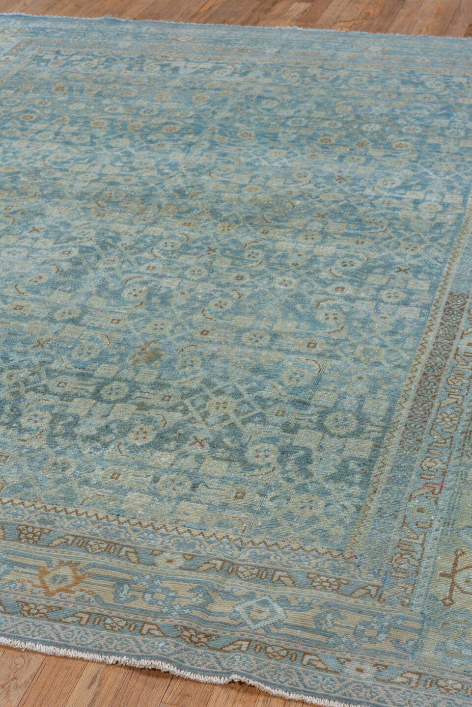 6' x 8' one-of-a-kind handmade vintage Malayer medium size rug. Color palette: light blue, ivory, taupe, rust, beige, slate