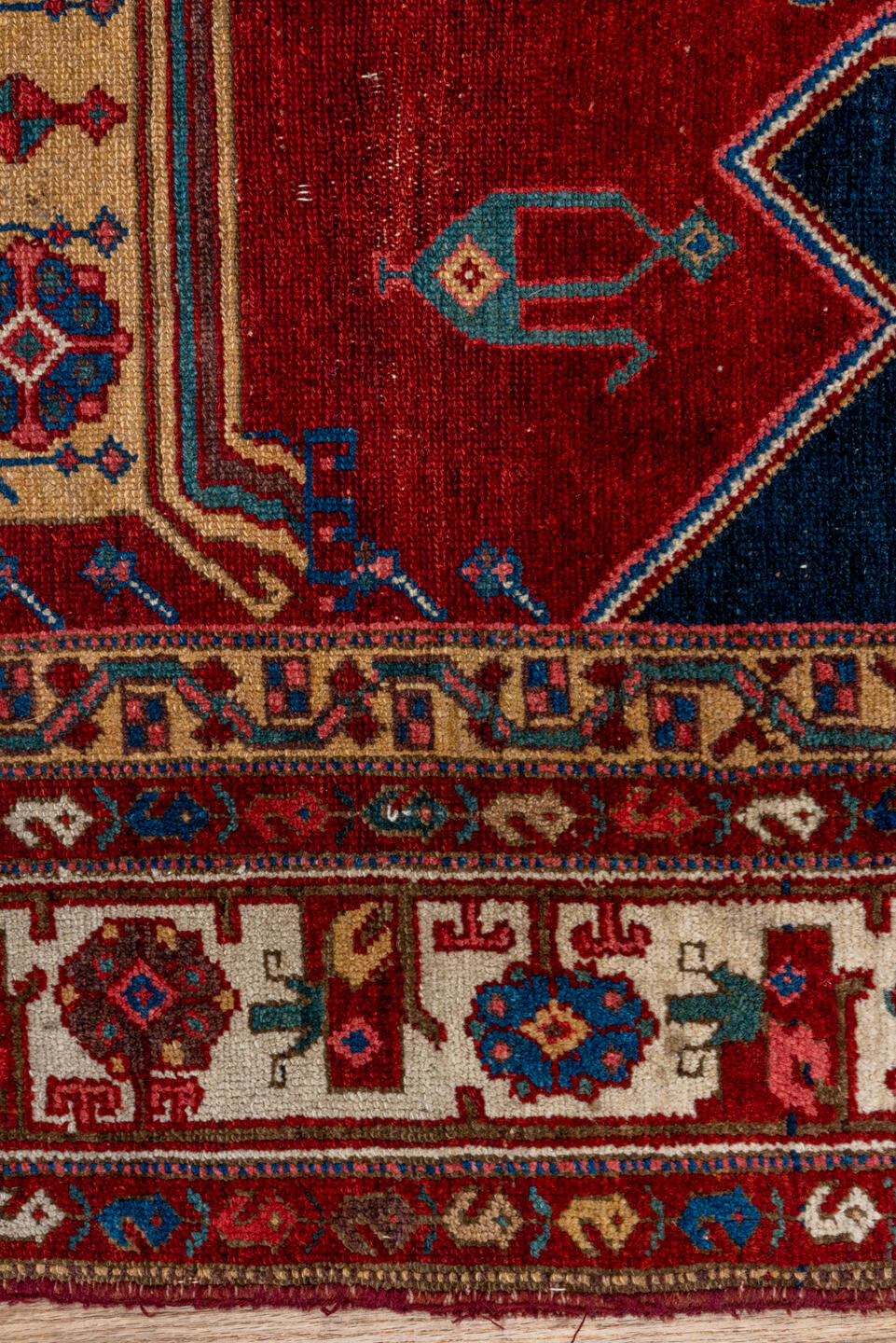 4' x 7' one-of-a-kind handmade antique Malayer rug. Color palette: crimson, navy, ivory, burgundy, camel, cobalt, taupe, red