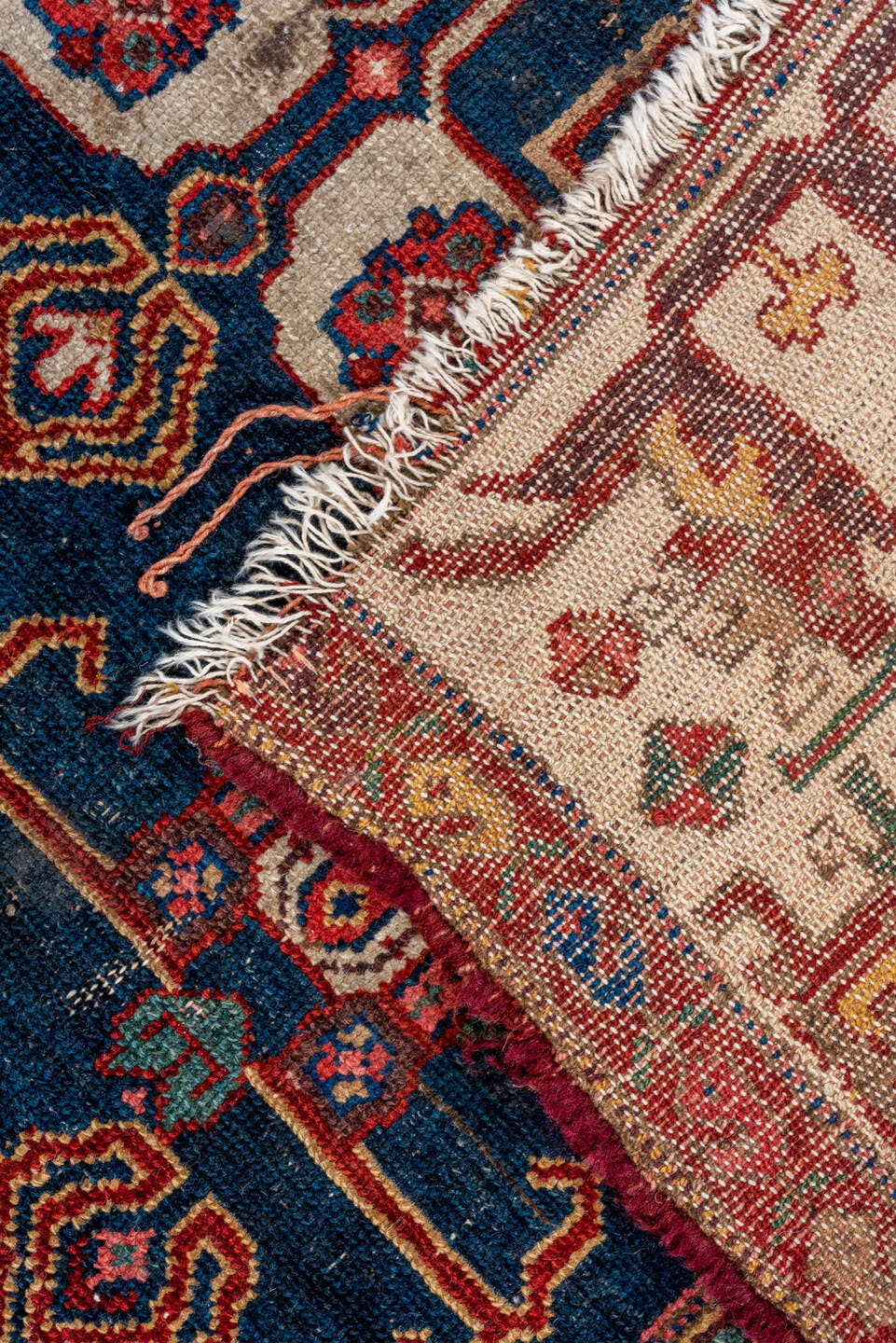 4' x 7' one-of-a-kind handmade antique Malayer rug. Color palette: crimson, navy, ivory, burgundy, camel, cobalt, taupe, red
