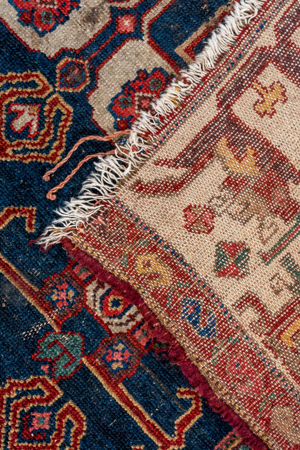 4' x 7' one-of-a-kind handmade antique Malayer rug. Color palette: crimson, navy, ivory, burgundy, camel, cobalt, taupe, red