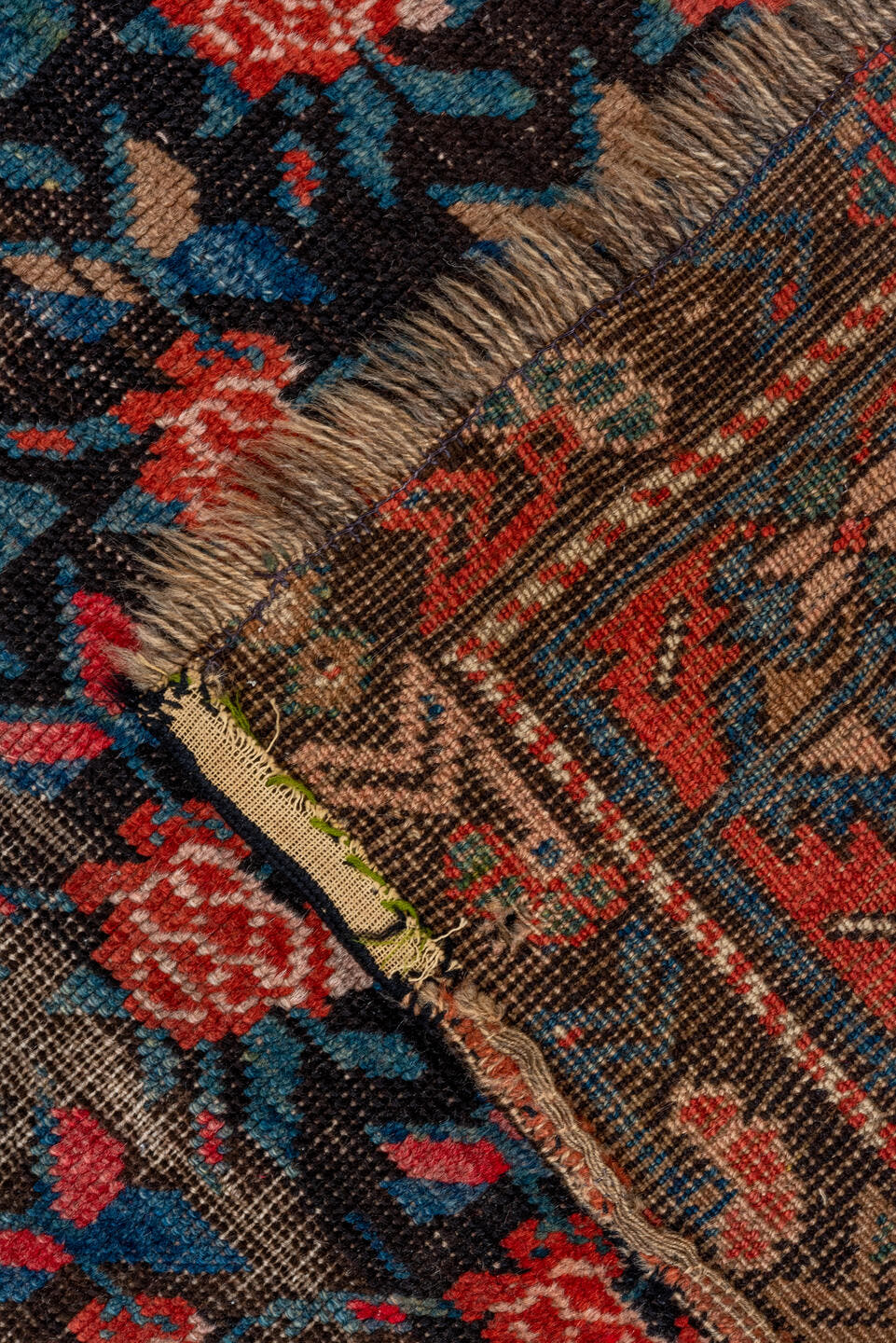 4' x 8' one-of-a-kind handmade antique Karabagh runner rug. Color palette: charcoal, rust, indigo, crimson, ivory, slate