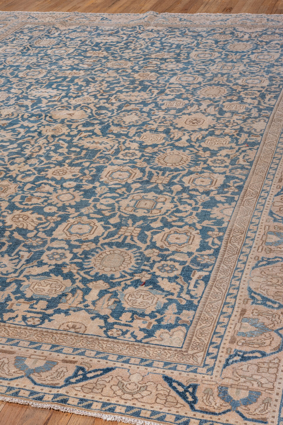 8' x 11' one-of-a-kind handmade vintage Malayer large size rug. Color palette: ivory, sky blue, beige, taupe, camel