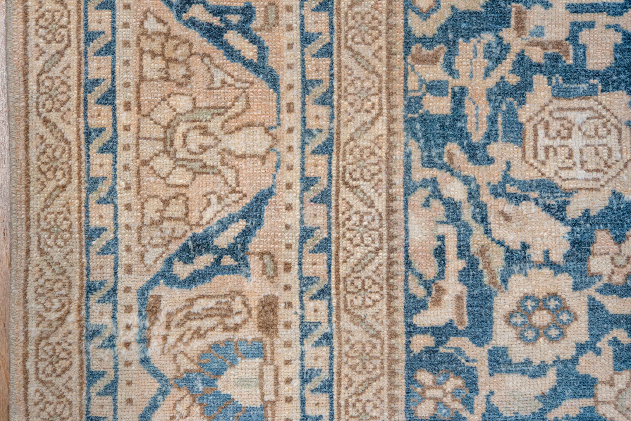 8' x 11' one-of-a-kind handmade vintage Malayer large size rug. Color palette: ivory, sky blue, beige, taupe, camel