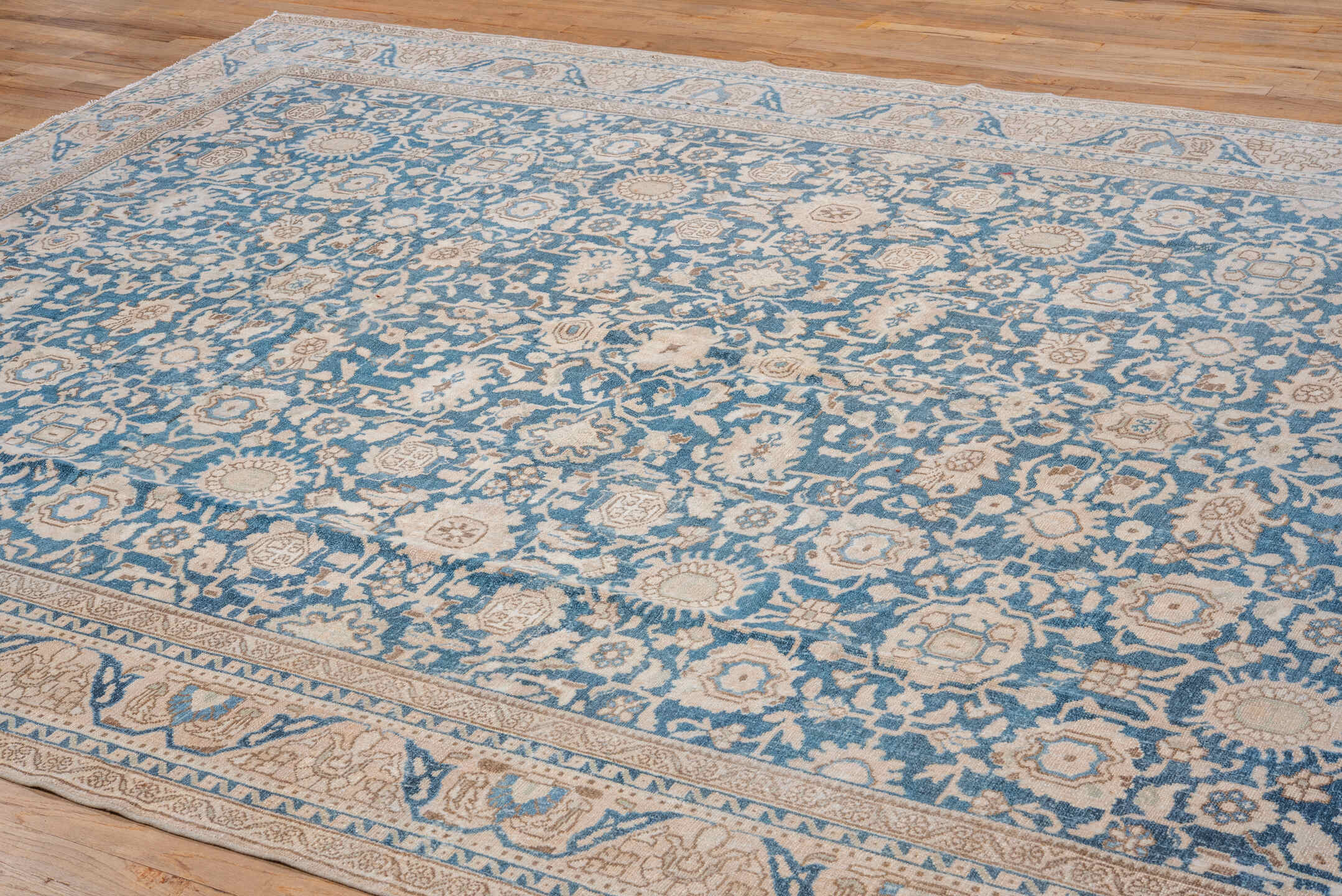 8' x 11' one-of-a-kind handmade vintage Malayer large size rug. Color palette: ivory, sky blue, beige, taupe, camel