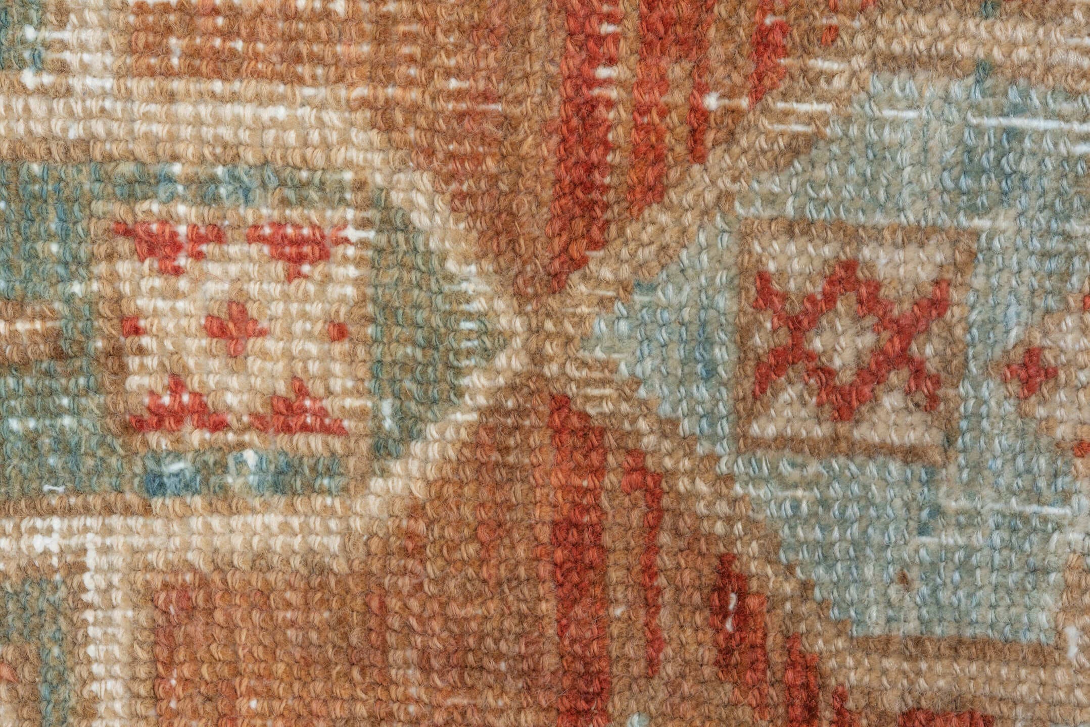 3' x 5' one-of-a-kind handmade vintage Heriz small size rug. Color palette: terra cotta, ivory, pale blue, rust, camel, sage
